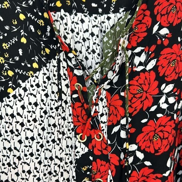 Libby Edelman Mixed Patchwork Floral Lace Up Front Long Sleeve Blouse Size Large - Picture 3 of 10